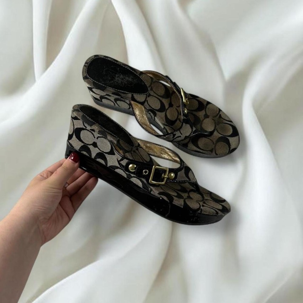 Coach Gracy black gray signature monogram canvas thong wedge sandals y2k mcbling